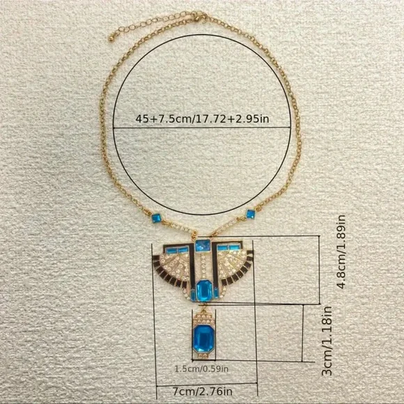 Boho Chic Blue Simulated Gemstones with Rhinestone Accents, Goldtone Necklace - Picture 6 of 7